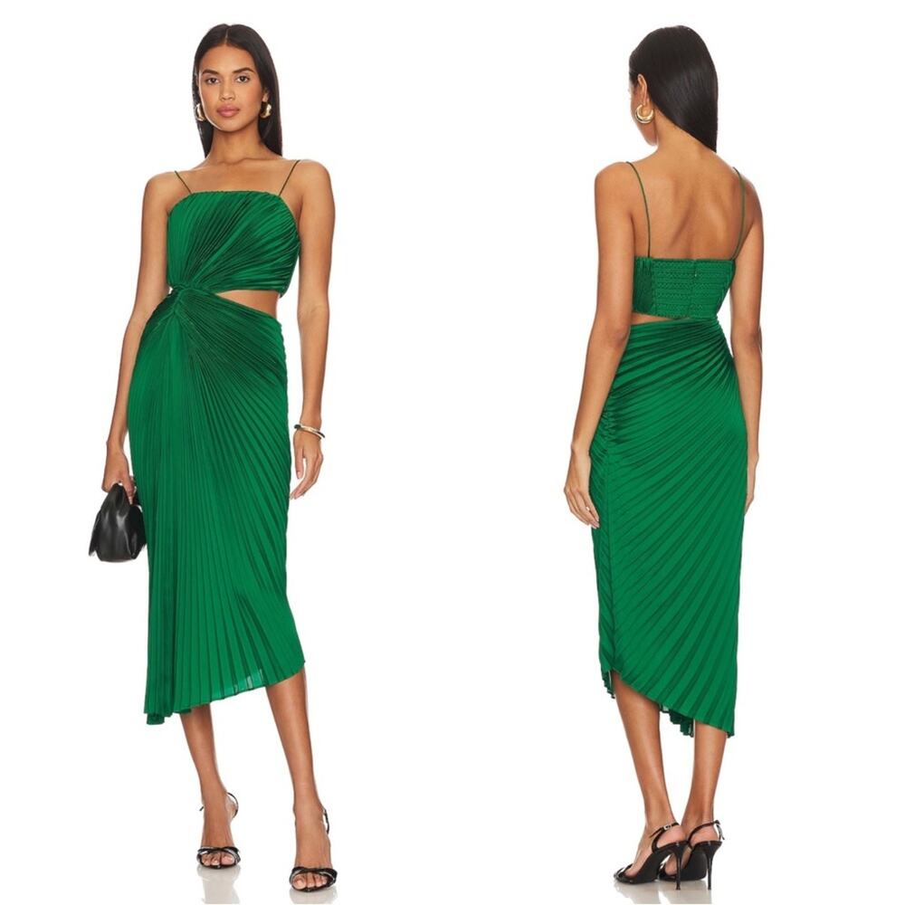 ALICE + OLIVIA Fayeth Pleated Cutout Asymmetrical Emerald Green Midi Dress Sz 12